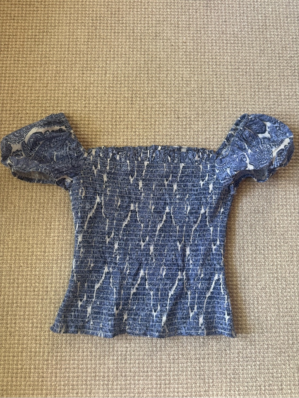 Caroline Constas Blue Smocked Off-The-Shoulder Crop Top with Puff Sleeves